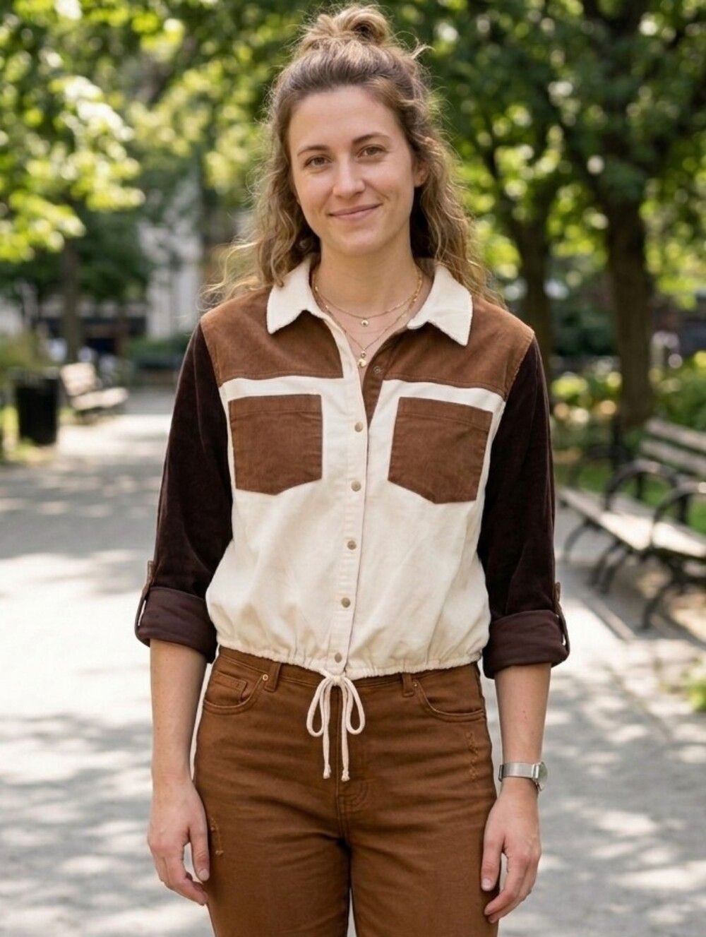 {Cato} Corduroy Contrast Button-Front Shirt Jacket - Beige & Brown